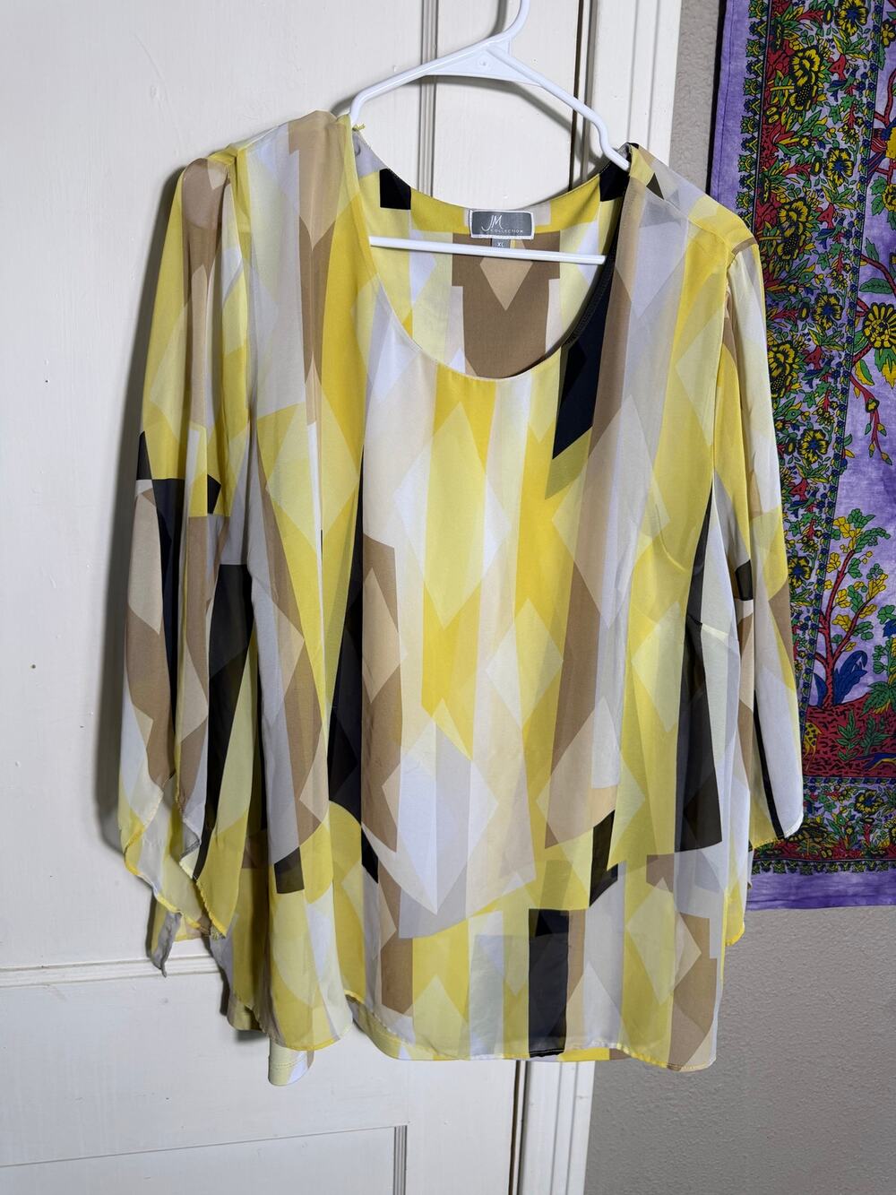 JM Collection XL Yellow Geometric Print Sheer Chiffon Blouse 3/4 Sleeve